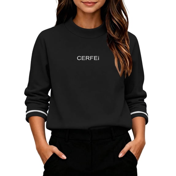 Spazoro Girls Mock Neck Pullover Top, Letter Graphic Stretchy Long Sleeve Striped Cuffs Relaxed Fit Daily Fall Winter Layering Shirts Black Size 11-12