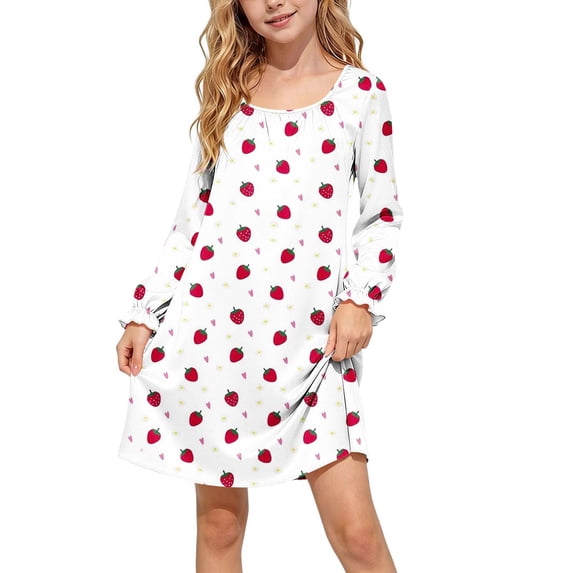 Spazoro Girls Night-gown Dress, Lightweight Round Neck Ruffled Cuff Strawberry Print Long Sleeve Silky Soft Loungewear Dress for Kids White Size 11-12