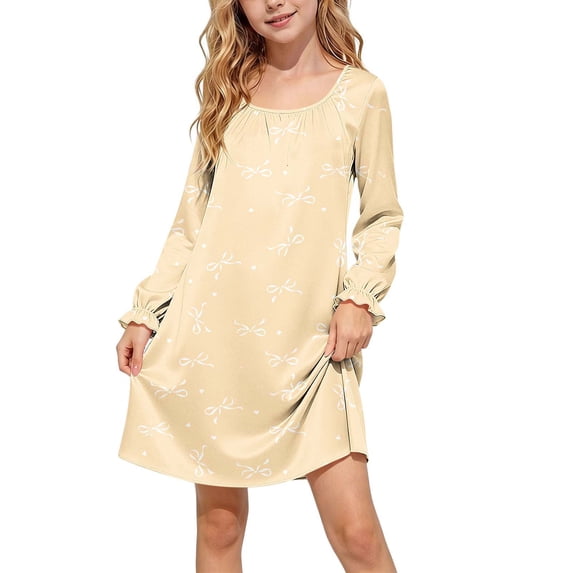 Spazoro Girls Night-gown Dress, Long Sleeve Relaxed Fit Round Neck Lightweight Bow Heart Print Silky Satin Loungewear for Kids Yellow Size 13-14