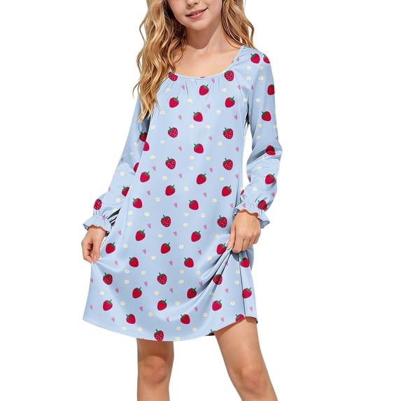 Spazoro Girls Night-gown Dress, Ruffled Cuff Round Neck Strawberry Print Lightweight Long Sleeve Silky Soft Loungewear Dress for Kids Blue Size 7-8