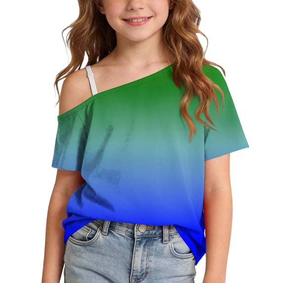 Spazoro Girls One Shoulder T-Shirt, Short Sleeve Gradient Color Fashion Tees Summer Casual Asymmetrical Off Shoulder Tops for Kids Dark Blue Size 5-6 T