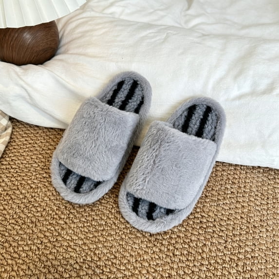 Spazoro Girls Open Toe Fuzzy House Slippers, Casual Striped Plush Warm ...