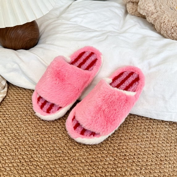 Spazoro Girls Open Toe Fuzzy House Slippers, Plush Warm Striped Casual ...