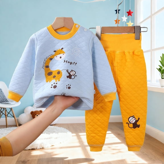 Spazoro Girls Outfit Pajamas Sets Size 9M-5Y, Spring and Fall 2 PC Casual Cartoon Print 100%Cotton Long Sleeved Shirts & Pants Sets for Kids Blue