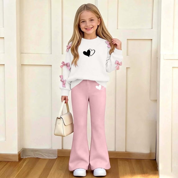 Spazoro Girls Outfit Set with Bow Decor, Heart Print Elastic Waist Flare Leg Crewneck Long Sleeve Trendy 2 Piece Sweatshirt and Pants Matching Outfits Beige Size 13-14
