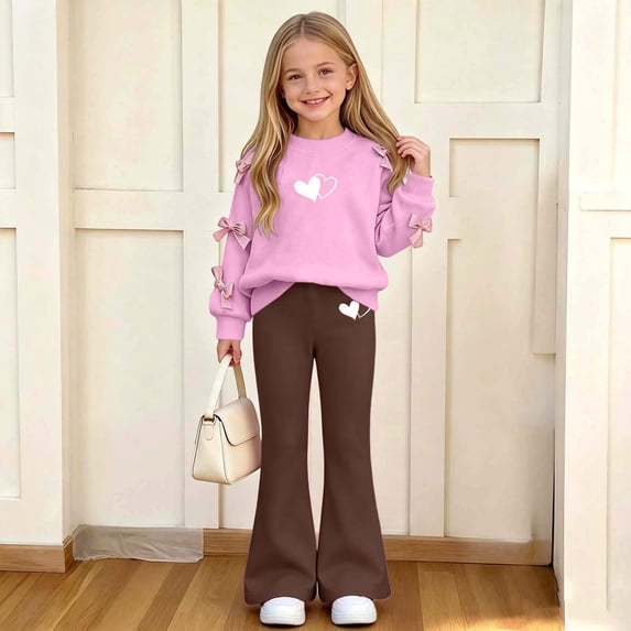 Spazoro Girls Outfit Set with Bow Decor, Heart Print Elastic Waist Long Sleeve Flare Leg Crewneck Trendy 2 Piece Sweatshirt and Pants Matching Outfits Coffee Size 7-8