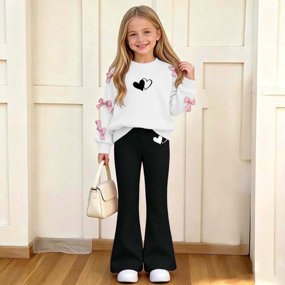 Spazoro Girls Outfit Set with Bow Decor, Long Sleeve Elastic Waist Flare Leg Crewneck Heart Print Trendy 2 Piece Sweatshirt and Pants Matching Outfits Black Size 13-14