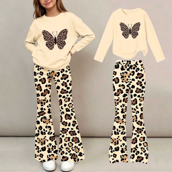 Spazoro Girls Outfit Set, Long Sleeve Crewneck Loose Fit Animal Print Elastic Waist Flared Leg Casual Graphic Top and Pants 2 Piece Outfits Beige Size 5-6