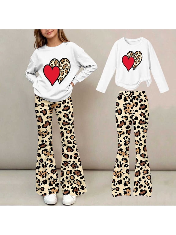 Girls Outfit Sets, Heart Leopard Print Long Sleeve Elastic Waist Crewneck Flare Leg Graphic Top and Flared Pants Casual Clothing Sets White Size 5-6