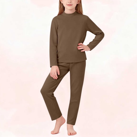 Spazoro Girls Outfit Sets Size 0-13Y, Fleece 2 PC Casual Solid Color Spring and Fall Long Sleeved Shirts & Pants Sets for Kids Brown