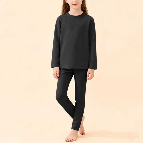 Spazoro Girls Outfit Sets Size 0-13Y, Fleece Spring and Fall 2 PC Casual Solid Color Long Sleeved Shirts & Pants Sets for Kids Black