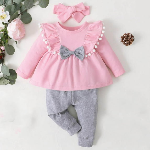 Spazoro Girls Outfit Sets Size 0-4Y, 100%Cotton Spring and Fall 2 PC Casual Solid Color Long Sleeved Shirts & Pants Sets for Kids Pink