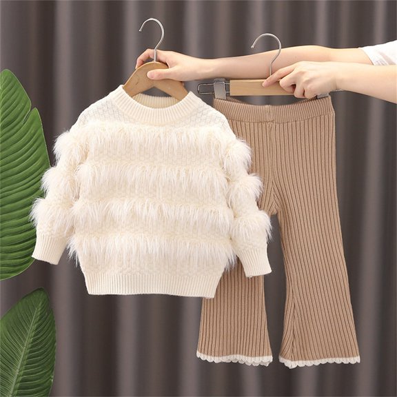 Spazoro Girls Outfit Sets Size 2-7Y, Spring and Fall 2 PC Casual 100%Cotton Solid Color Long Sleeved Sweaters & Wide Leg Pants Sets for Kids Beige