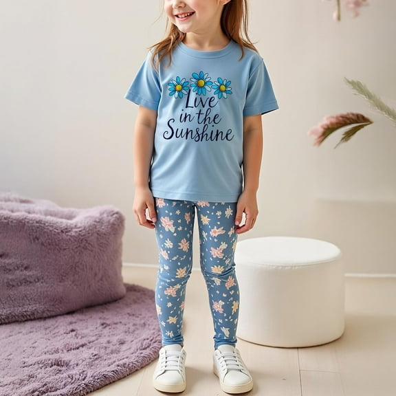 Spazoro Girls Outfit Sets, Summer 100%Cotton 2 PC Flower Print T-Shirts and Leggings Casual Wear Sets for Kids Blue Size 5 T