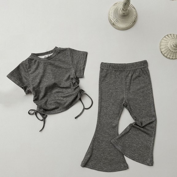 Spazoro Girls Outfit Sets, Summer 100%Cotton Solid Color T-Shirts and Pants 2 PC Casual Wear Sets for Kids Gray Size 3-4T