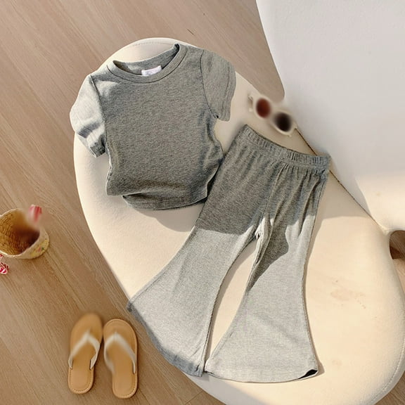 Spazoro Girls Outfit Sets, T-Shirts and Pants Summer 100%Cotton Solid Color 2 PC Casual Wear Sets for Kids Dark Gray Size 5-6T