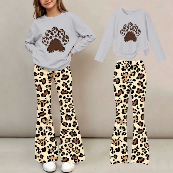 Spazoro Girls Outfit Sets with Graphic Print, Elastic Waist Crewneck Flare Leg Long Sleeve Animal Print Trendy Matching Clothing Sets Gray Size 7-8