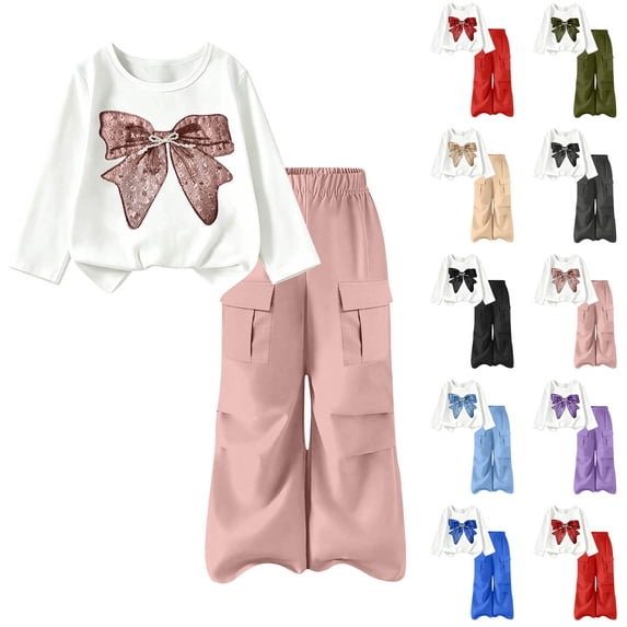 Spazoro Girls Outfit Sets with Multi‑Pockets, Crewneck Elastic Waist Long Sleeve Loose Fit Bow Print Casual Matching Clothes Sets Pink Size 7-8