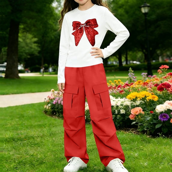 Spazoro Girls Outfit Sets with Multi‑Pockets, Crewneck Loose Fit Elastic Waist Bow Print Long Sleeve Casual Matching Clothes Sets Red Size 7-8