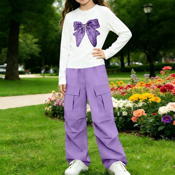 Spazoro Girls Outfit Sets with Multi‑Pockets, Loose Fit Bow Print Long Sleeve Crewneck Elastic Waist Casual Matching Clothes Sets Purple Size 9-10