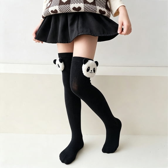 Spazoro Girls Over‑the‑Knee Socks, 100% Cotton 3D Panda Print Warm Stretchy Snug Fit Cute Novelty High Knee Socks Black