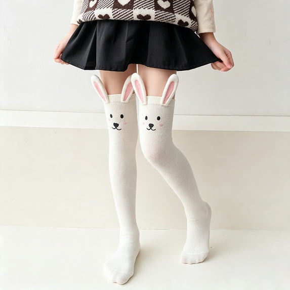 Spazoro Girls Over‑the‑Knee Socks, Loose Fit Stretchy 100% Cotton Bunny Print Warm Soft Cute High Knee Thigh High Stockings for Daily Wear White