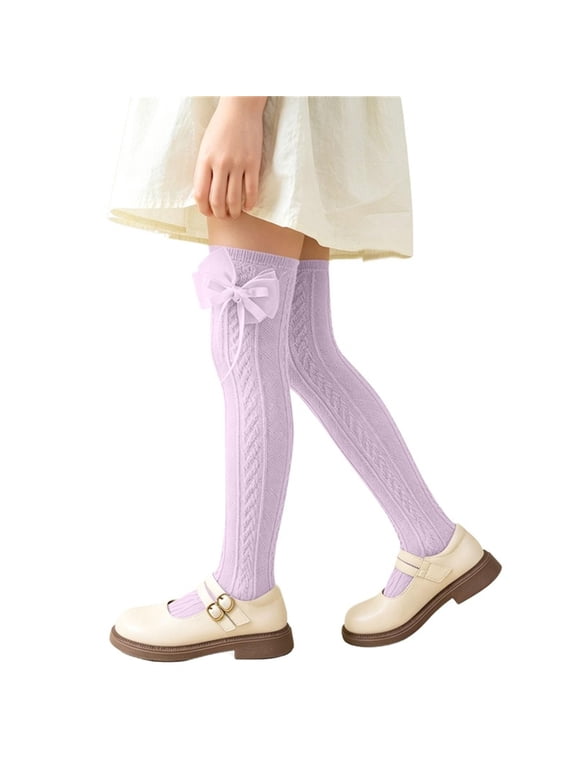 Girls Over‑the‑Knee Socks, Stretchy Cable Knit Bow Decor Solid Color 0 100% Cotton High Cut Princess Stockings for Daily Dressing Purple
