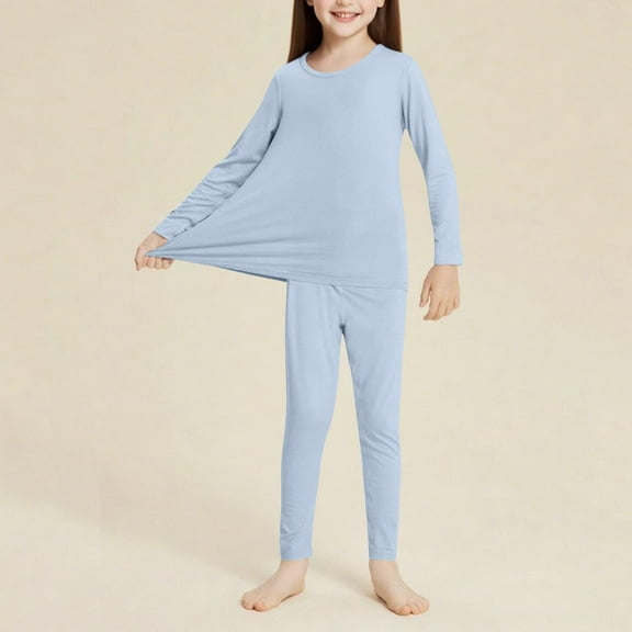 Spazoro Girls Pajamas Sets, 100%Cotton Solid Color 2 Pieces Sleepwear Long Sleeve Shirts and Pants Pjs Set for Girls Blue Size 3-13T