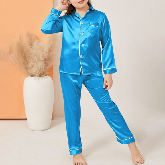 Spazoro Girls Pajamas Sets, 2 Pieces Sleepwear Lightweight Solid Color Long Sleeve Shirts and Pants Pjs Set for Girls Light Blue Size 4-14T