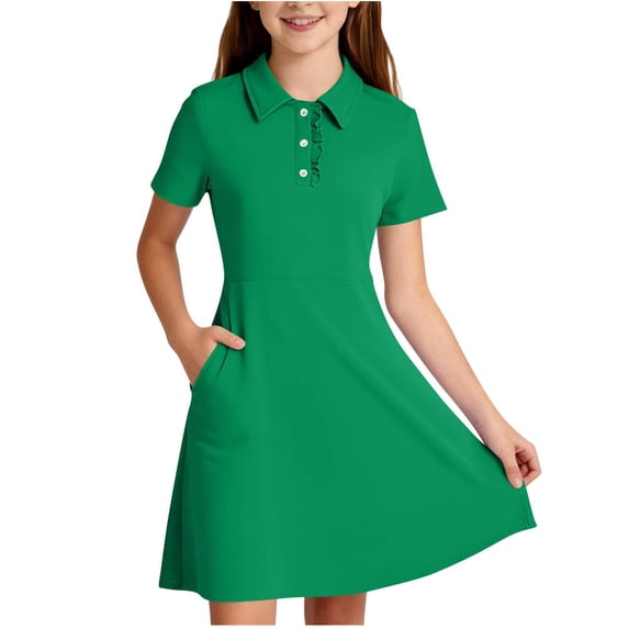 Spazoro Girls Polo Dress with Pockets, Short Sleeve Stretchy Collared Ruffled Placket School Uniform Shirt Dress Green Size 12
