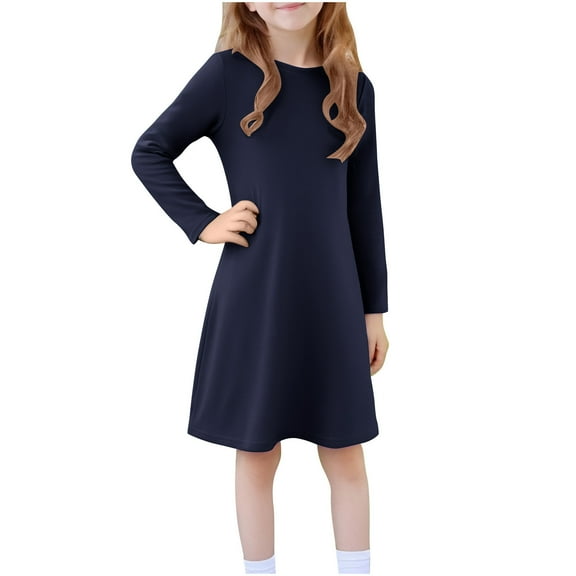 Spazoro Girls Princess Dress, Cotton Fall & Winter Long Sleeve Solid Color Dresses for Party Navy Size 3 T