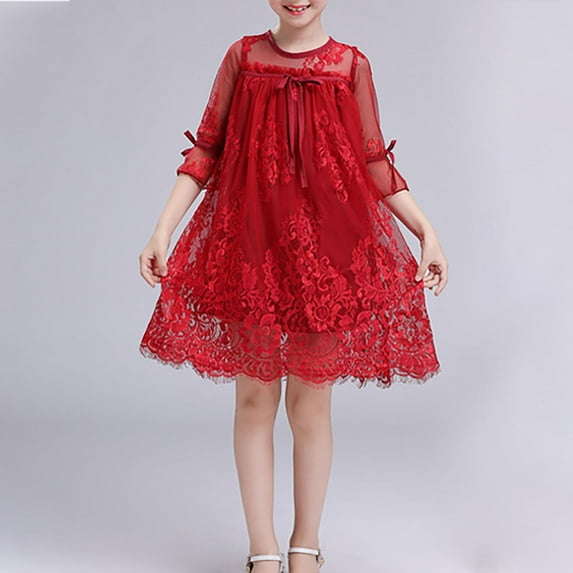 Spazoro Girls Princess Dress, Cotton Solid Color Long Sleeve Fall & Winter Dresses for Party Red Size 7-8T