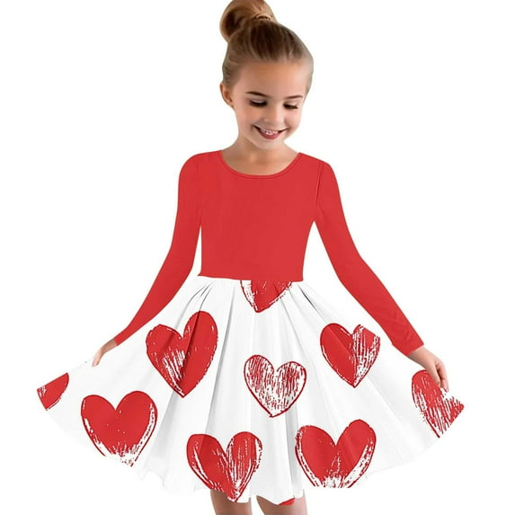 Spazoro Girls Princess Dress, Crew Neck Long Sleeve Heart Print Fall & Winter Long Dresses for Party Red Size 5 T