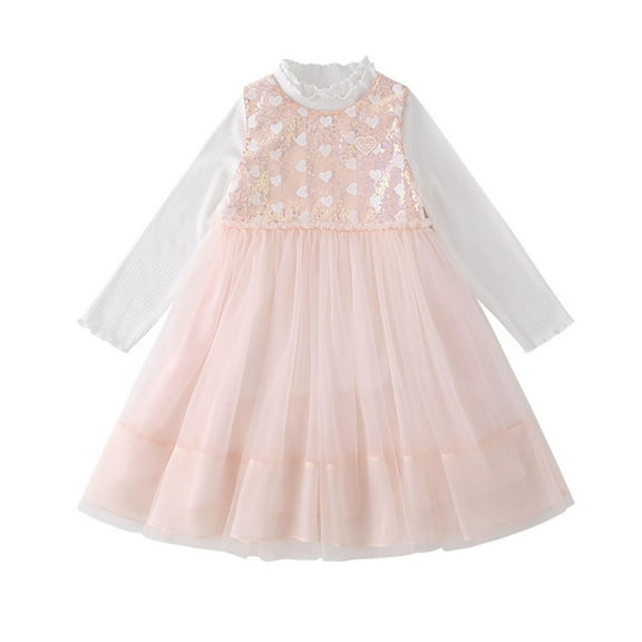 Spazoro Girls Princess Dress, Crew Neck Long Sleeve Mesh Sequin Dresses for Party Pink Size 5-6T