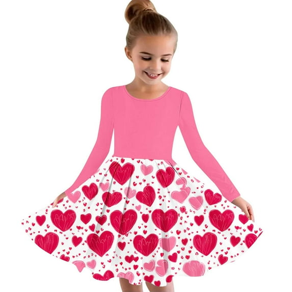 Spazoro Girls Princess Dress, Fall & Winter Heart Print Crew Neck Long Sleeve Long Dresses for Party Pink Size 7 T