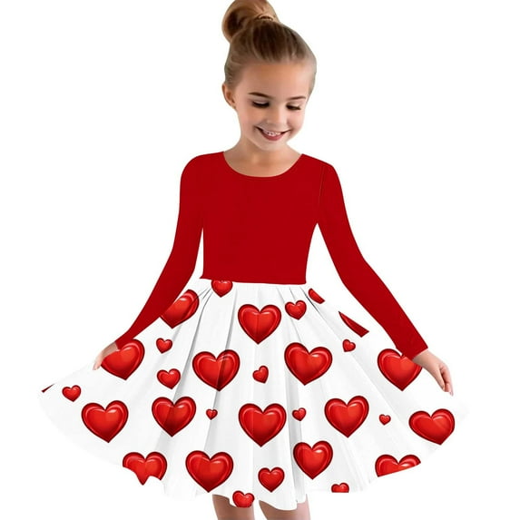 Spazoro Girls Princess Dress, Long Sleeve Heart Print Fall & Winter Crew Neck Long Dresses for Party Red Size 4 T