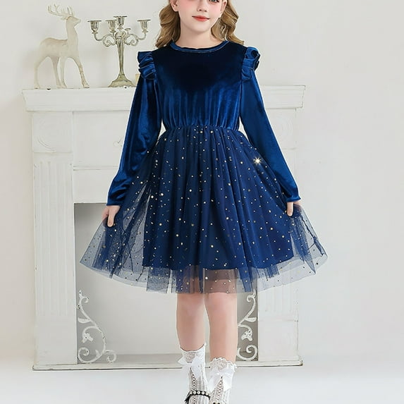 Spazoro Girls Princess Dress, Mesh Long Sleeve Sequin Crew Neck Dresses for Party Blue Size 6-7 T