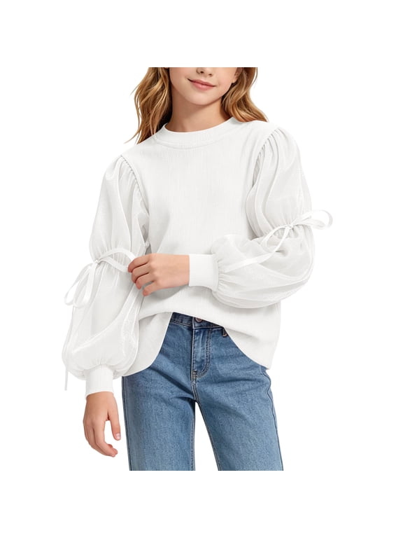 Girls Puff Sleeve Blouse, Stretchy Crewneck Ribbed Knit Bow Detail Pullover Fashion Casual Daily Wear Tops White Size 5-6