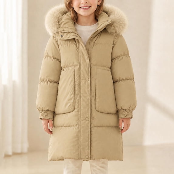 Spazoro Girls Puffer Coat with Multi‑Pockets, Long Sleeve Faux Fur Trim Hooded Regular Fit Solid Color Winter Warm Outerwear for Kids Green Size 14-15