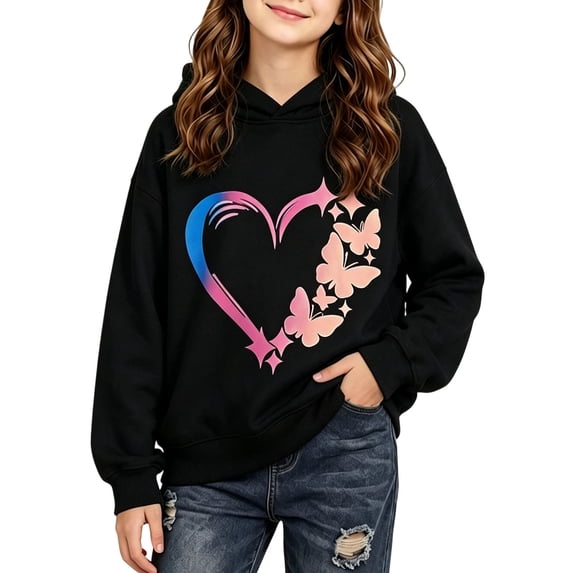 Spazoro Girls Pullover Hoodie, Graphic Print Pockets Hooded Long Sleeve Relaxed Fit Fall Casual Sweatshirt for Kids Black Size 1-2T