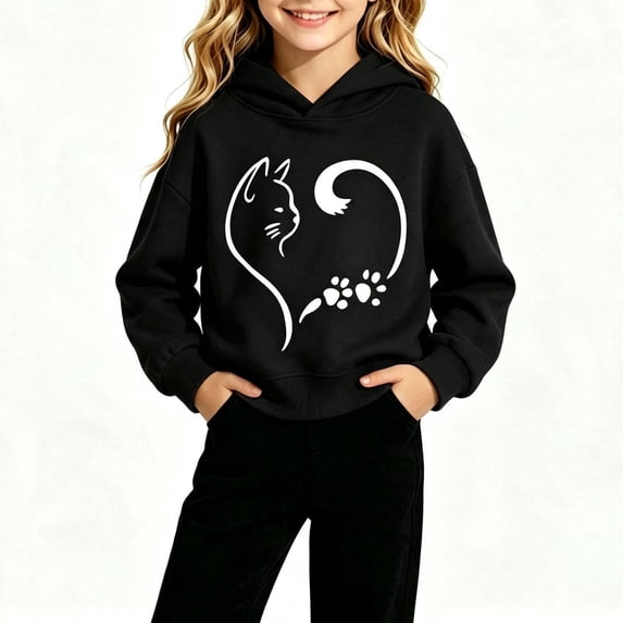 Spazoro Girls Pullover Hoodie with Pockets, Cat Heart Graphic Print Relaxed Fit Soft Hooded Neck Long Sleeve Trendy Casual Sweatshirt for Kids Black Size 3-4T