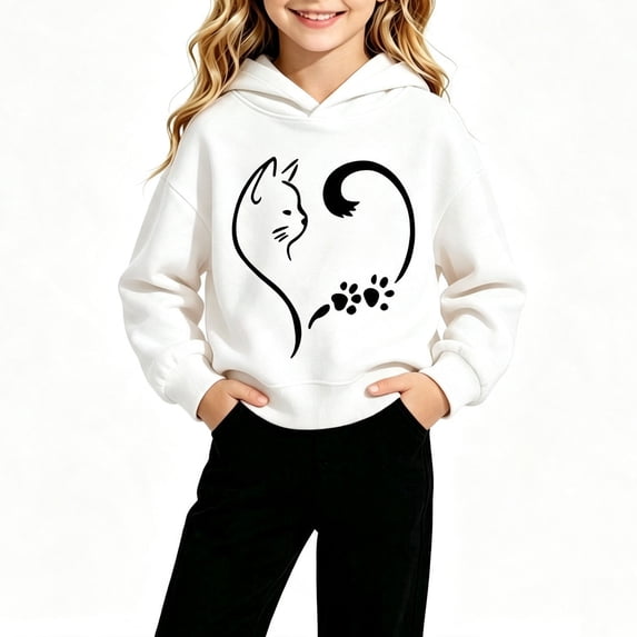 Spazoro Girls Pullover Hoodie with Pockets, Relaxed Fit Soft Long Sleeve Cat Heart Graphic Print Hooded Neck Trendy Casual Sweatshirt for Kids White Size 9-10
