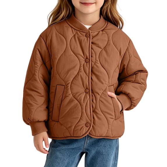 Spazoro Girls Quilted Bomber Jacket with Side Pockets, Long Sleeve Snap Button Stand Collar Warm Casual Padded Outerwear Coat Brown Size 9-10