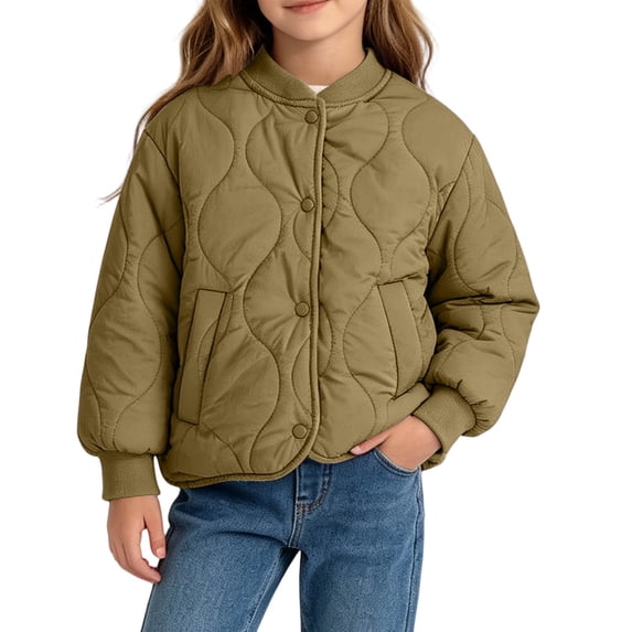 Spazoro Girls Quilted Bomber Jacket with Side Pockets, Long Sleeve Warm Stand Collar Snap Button Casual Padded Outerwear Coat Green Size 5-6