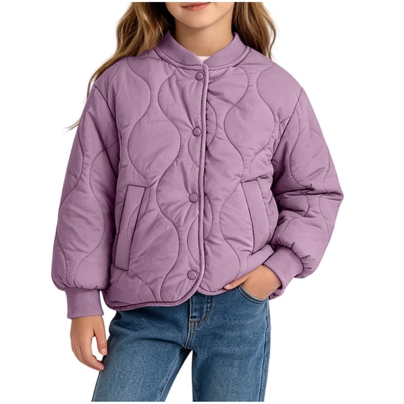Spazoro Girls Quilted Bomber Jacket with Side Pockets, Stand Collar Warm Long Sleeve Snap Button Casual Padded Outerwear Coat Purple Size 5-6