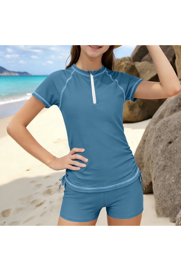 Girls Rash Guard Set with Chest Pad, 2-Piece Half-Zip Beach Swimmer UPF 50+ Sun Protection Bathing Suit Sets for Kids Blue Size 15-16