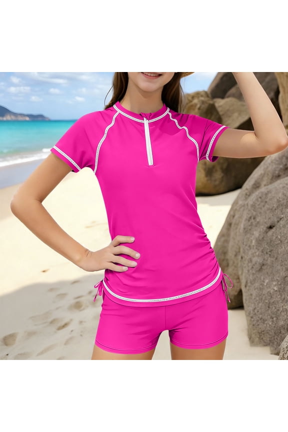 Girls Rash Guard Set with Chest Pad, Half-Zip UPF 50+ Sun Protection 2-Piece Beach Swimmer Bathing Suit Sets for Kids Hot Pink Size 12