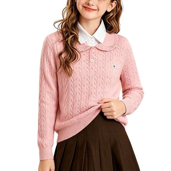 Spazoro Girls Ruffle Collar Cable Knit Polo Sweater Size 1-13, Button Placket Long Sleeve Cotton Soft & Stretchy Casual Pullover for Fall Winter School Daily Wear Pink