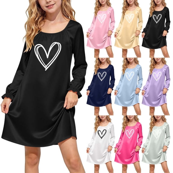 Spazoro Girls Satin Night-gown, Lightweight Ruffled Cuffs Round Neck Heart Print Loose Fit Loungewear Dress for Kids Black Size 5-6