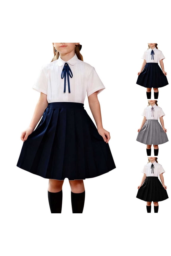 Girls School Uniform Sets, 3PC Spring Summer Short Sleeve Shirts+ Skirts+ Necktie Collar Solid Outfit Sets for Kids Black Size 3-4 T